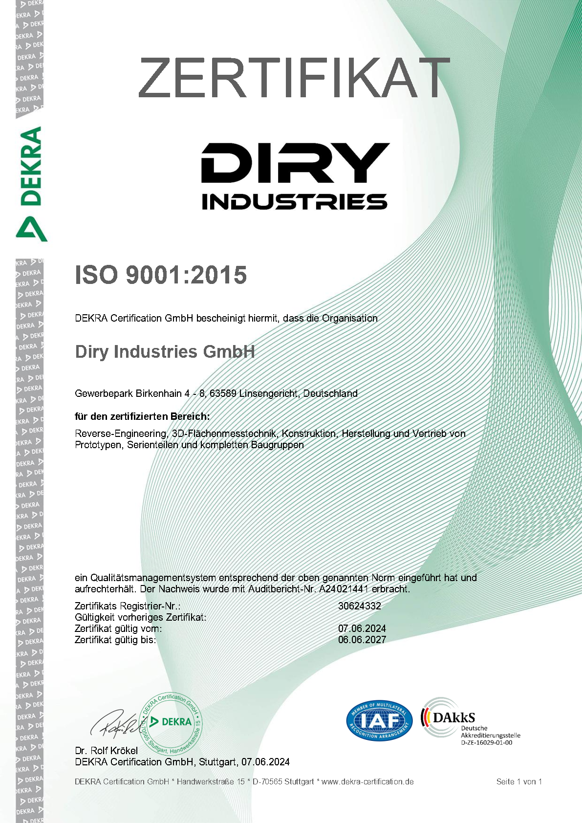 Diry Industries DEKRA Zertifizierung